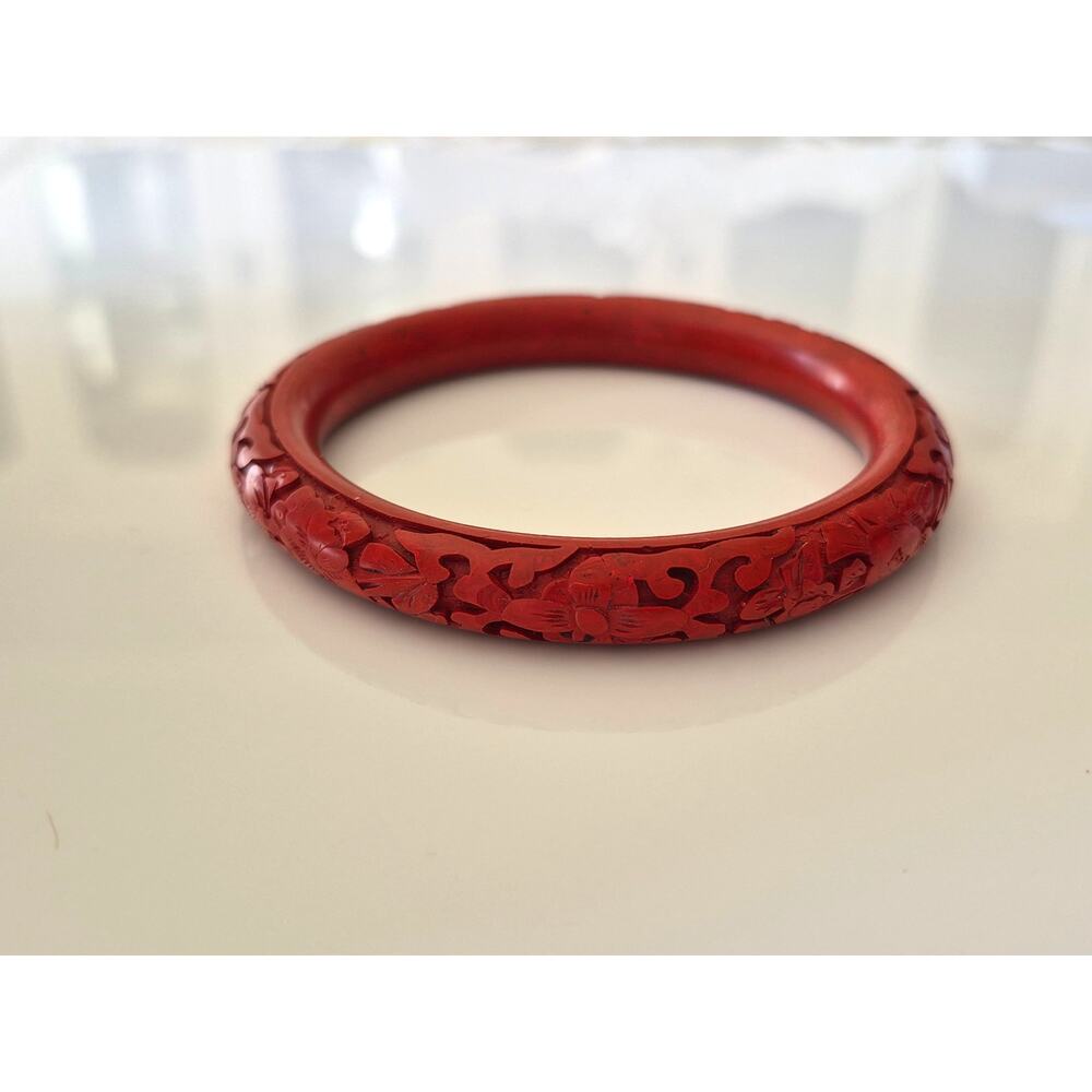 Vintage Floral Cinnabar Bangle Bracelet
